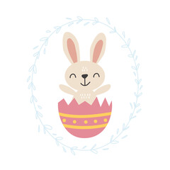 Vector cartoon Easter bunny in egg for greeting card