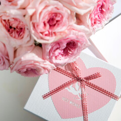 Rose White Pink O'hara. bouquet of pink roses with the pink box as a gift for Valentine's Day.