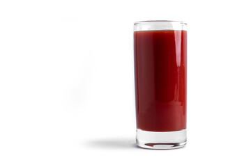 Tomato juice in glass on a white background. View from the top.