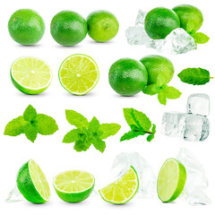 Green limes, mint leaves and ice cubes, isolated on white background. Mojito cocktail bundle.