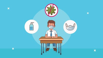 little student boy wearing medical mask washing hand with prevention covid19 set icons - Powered by Adobe