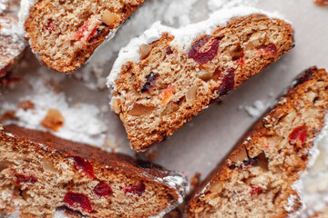 christmas cake with cinnamon. close up of a slice of cake.