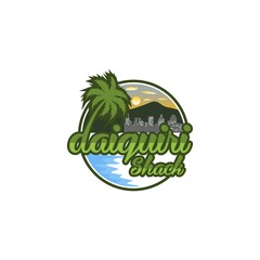 seaside city logo design with sunset mountains