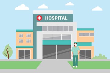 The hospital building is professional medical center. Modern Hospital  Outdoor.Professional doctor on Clinic Backdrop. Vector Flat Cartoon Illustration