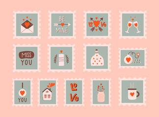 Vector set with colorful romantic postage stamps for Valentine's Day, wedding, love theme. Trendy hand drawn design. All objects are isolated