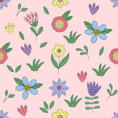 Seamless pattern with the image of blue, red, yellow, lilac flowers and leaves on a pink background, in vector graphics. For the design of prints for textiles, clothing, packaging, bags