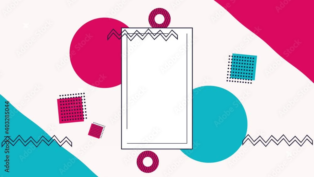 Poster rectangle frame and figures geometric colors memphis style background