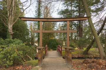 Park dworski w Iłowej. Drewniany mostek w stylu japońskim. nad rzeką Czerna Mała. - obrazy, fototapety, plakaty