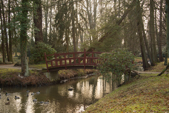 Park dworski w Iłowej. Drewniany mostek w stylu japońskim. nad rzeką Czerna Mała.