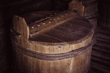 Wooden vintage bath tub for water.