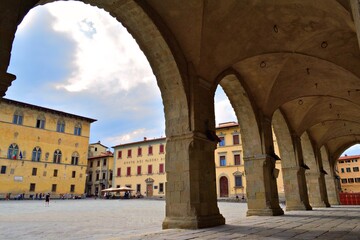 glimpse of Piazza Duomo in the historic center of the city of Pistoia in Tuscany, Italy