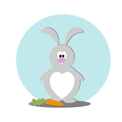 1Cute gray rabbit with a carrot and a heart on the belly.