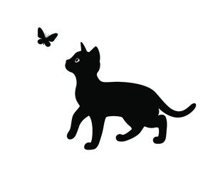A kitten plays with a flying butterfly. Black silhouette of a cat isolated on white background. The symbol of Halloween. Can be used as a sticker template, logo element, icon for web design.