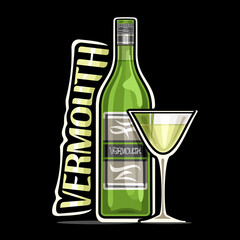 Vector logo for Vermouth, illustration of green classic bottle with decorative label and full cartoon glass, square placard with unique design lettering for word vermouth on dark background.