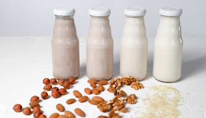 a variety of lactose-free milk from nuts and grains in glass bottles. light vegan concept with a milk drink made from hazelnuts, oats, coconut, almonds, walnuts, rice