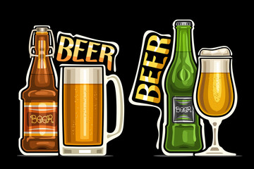 Vector logos for Beer, outline illustrations of brown and green bottles with decorative labels, full mug and glass of beer with froth, unique design lettering for orange words beer on dark background.