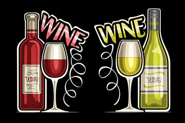 Vector logos for Red and White Wine, outline illustrations of classic wine bottles with decorative label and half full cartoon glasses, unique lettering for pink and green word wine on dark background