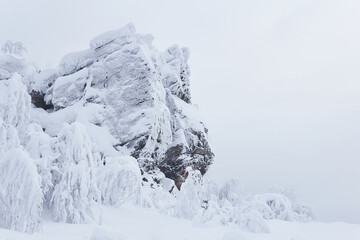 Fototapeta na wymiar snow-capped cliff and frosty trees on the mountain pass in winter