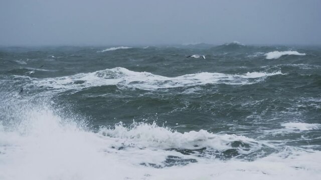 Long shot of rough sea with snow storm
