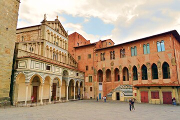 cityscape of Piazza Duomo in the historic center of the city of Pistoia in Tuscany, Italy