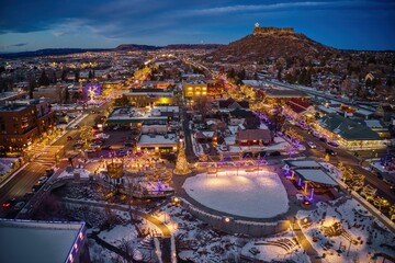 Aerial View of Castle Rock, Colorado with Christmas Lights at Dusk