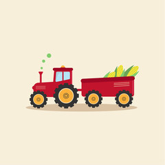 Red tractor. Cartoon tractor. Car, truck, bus.