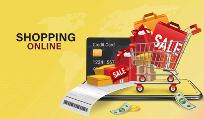 Shopping Online on Website or Mobile Application Vector Concept Marketing and Digital marketing.Online shopping store with mobile , credit cards and shop elements.Vector illustration.