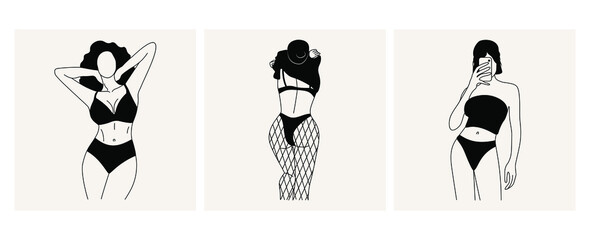 Abstract female figure posters. Fashion set of women bodies in lingerie, models linear style. Boho art, minimal vector illustration