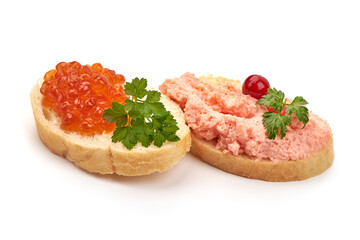 Sandwiches with caviar and caviar paste, isolated on white background