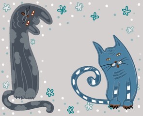 A background for postcards, posters, brochures of animals topics. A cute doodle cat with party elements. An empty frame for your text. Illustration for print, websites, landing pages, postcards