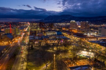 Fototapeta na wymiar Aerial View of Colorado Springs at Dusk with Christmas Lights