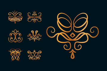 icon set of golden swirl dividers, line style