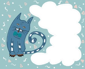 A background for postcards, posters, brochures of animals topics. A cute doodle cat with party elements. An empty frame for your text. Illustration for print, websites, landing pages, postcards