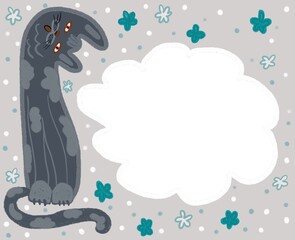 A background for postcards, posters, brochures of animals topics. A cute doodle cat with party elements. An empty frame for your text. Illustration for print, websites, landing pages, postcards
