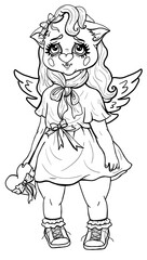 Cartoon isolated character, romantic girl, kitten angel with fluffy eyelashes, big eyes and a heart-shaped nose, with long hair and wings, in dress with bow-knots, in sneakers, with a heart in a paw.