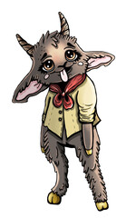 Cute cartoon character, fairytale funny little goat with long ears and protruding tongue, with big eyes, small horns and gold hoofs, in a blouse with a red bow-knot, isolated, in full growth.