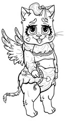 Cartoon character, funny kitten Cupid with big eyes, fluffy eyelashes and angel wings, in diaper, with  bow-knot, with protruding tongue and plump cheeks - hearts, with small bow and arrow in a paw.