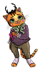 Cartoon character, cute tiger with big eyes, small horns and ears, with fluffy eyelashes, plump cheeks and smile, in a shirt and trousers, with a large bow-knot on his neck and a candy in his paw.
