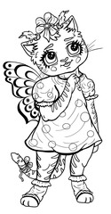 Cartoon character, cute little girl tiger with butterfly wings, with big eyes and long eyelashes, with two ponytails and bow-knot on a head, in dress in polka-dot and socks. Isolated, in full growth.