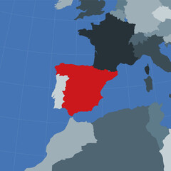 Shape of the Spain in context of neighbour countries. Country highlighted with red color on world map. Spain map template. Vector illustration.