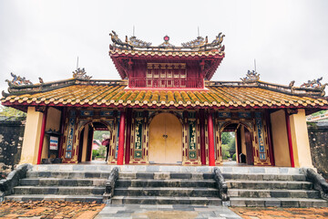 Fototapeta premium Buddhist temple in the Forbidden Purple City in Hue Imperial Royal Palace, travels in Vietnam.