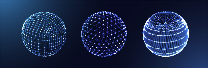 Set of 3d spheres. Line structure. Glowing nodes. Wireframe ball. Round geometric shape. Net texture. Vector illustration