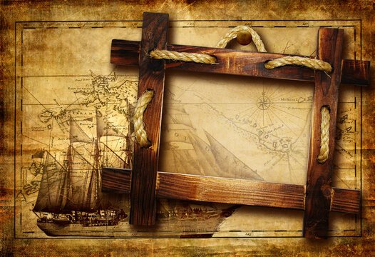 Vintage background in adventure stories style with old wooden blank frame for photo