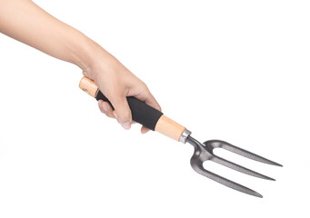 Hand holding a black rake steel isolated on white background.