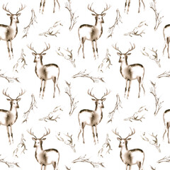 Seamless pattern of a deer and floral.Forest animals 
 and branch.Watercolor hand drawn illustration.White background.	
