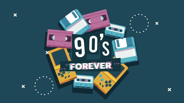 90s forever lettering with cassettes and video games in memphis retro style background