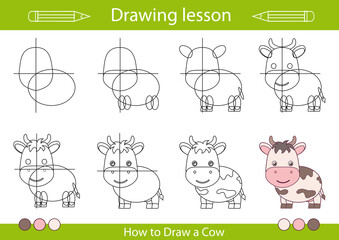 Drawing tutorial a cute cow. Drawing lesson for children.Step by step draw.  Actives worksheets with cartoon animals. Kids funny activity art page. Vector illustration.