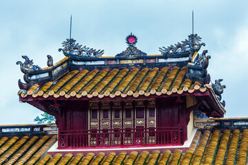 Buddhist temple in the Forbidden Purple City in Hue Imperial Royal Palace, travels in Vietnam.