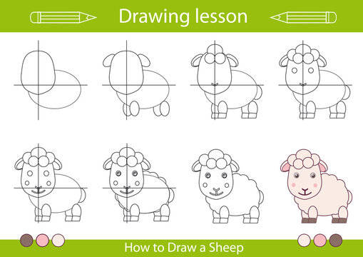 Drawing lesson. How draw a sheep. Step by step repeats the picture. Tutorial for children. Actives worksheets with cartoon animals. Kids art. Vector illustration.