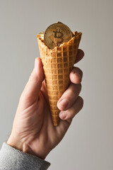 Bitcoin ice cream in male hand